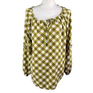 Pioneer Woman Micro Ruffled Gingham Checked Blouse XL Pullover Long Sleeve